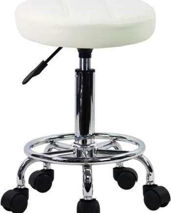 Round Rolling Stool Chair PU Leather Height Adjustable Swivel Drafting Work SPA Shop Salon Stools with Wheels Office Chair Small (White)