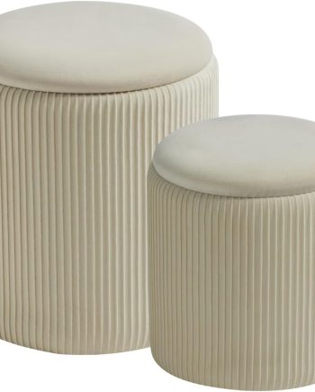 Round Set of 2 Ottoman with Storage-Upholstered Velvet Vanity Stool for Makeup Multifunctional Ottomans Coffee Table Padded Seat Foot Rest for Living Room&Bedroom（White）