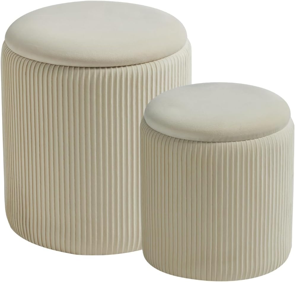 Round Set of 2 Ottoman with Storage-Upholstered Velvet Vanity Stool for Makeup Multifunctional Ottomans Coffee Table Padded Seat Foot Rest for Living Room&Bedroom(White)