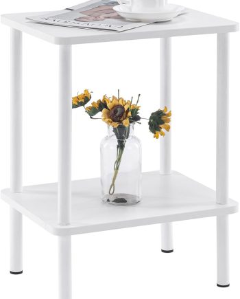 2 Tier End Table, Boho Side Table with Storage Shelf, Nightstand Bedside Table for Small Spaces, Bedroom, Living Room, Entryway, Farmhouse, Easy Assembly,White