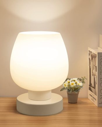 Touch Bedside Table Lamp - Modern Small Lamp for Bedroom Living Room Nightstand, Desk lamp with White Opal Glass Lamp Shade, Warm LED Bulb, 3 Way Dimmable, Simple Design Mother's Day Gifts