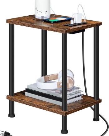 Side Table with Charging Station, End Table with USB Ports and Outlet, Nightstand with 2-Layer Storage Shelves for Small Spaces, Living Room, Bedroom, Stable Frame, Rustic Brown