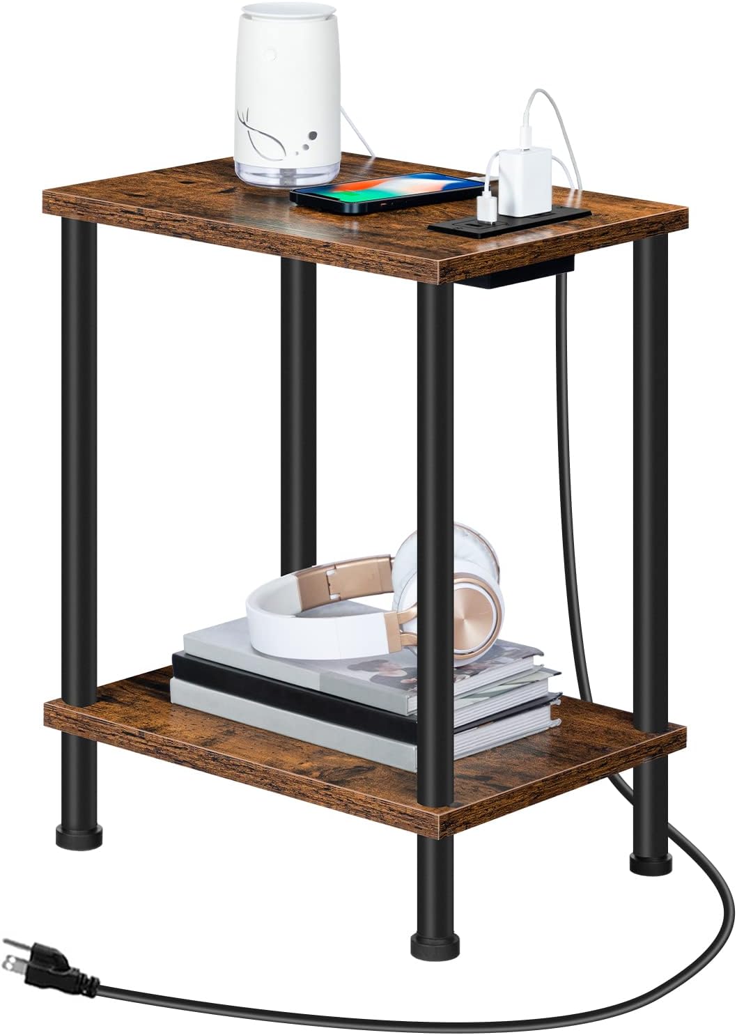 Side Table with Charging Station, End Table with USB Ports and Outlet, Nightstand with 2-Layer Storage Shelves for Small Spaces, Living Room, Bedroom, Stable Frame, Rustic Brown