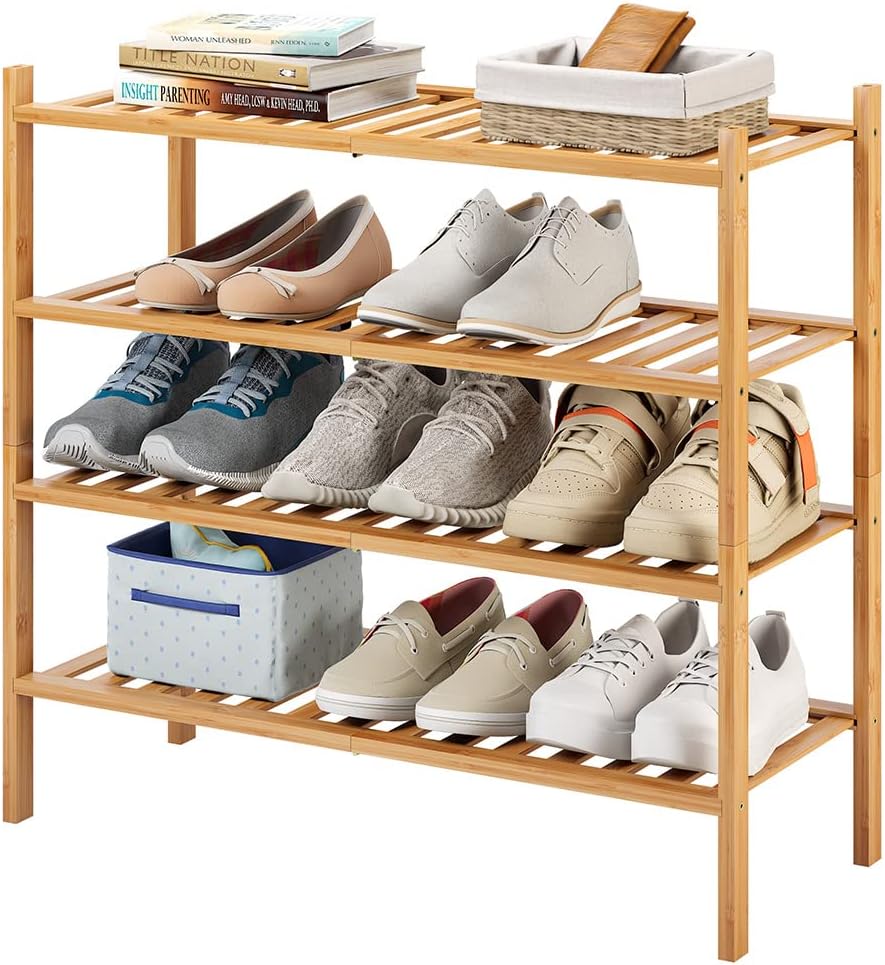 4-Tier Bamboo Shoe Rack for Entryway, Stackable | Heavy Duty | Multi-Function, Free Standing Shoe Racks for Bedroom Hallway Closet