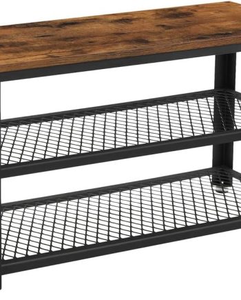 3-Tier Shoe Rack, Shelf Storage Bench with Metal Mesh Shelves and Seat, Free Standing Shoe Organizer for Entryway, 11.8 x 28.7 x 17.7 Inches, Rustic Brown and Black