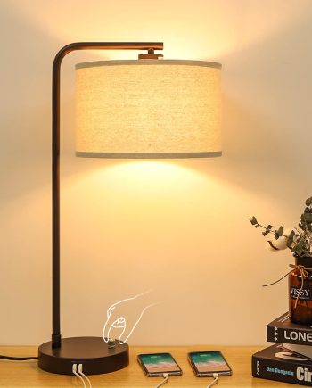 Side Table Lamp with Dual USB Ports, Dimmable Bedside Lamp Modern Nightstand Lamp Desk Reading Lamp with Linen Lampshade for Bedroom, Living Room, Study Room, Office, 9W 3000K LED Bulb Included