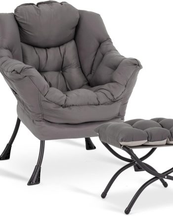 Lazy  with Ottoman,   Leisure Upholstered Lazy Sofa Arm, Contemporary Lounge Reading  with Armrests and a Side Pocket for Living Room, Bedroom & Small Space, Dark Grey