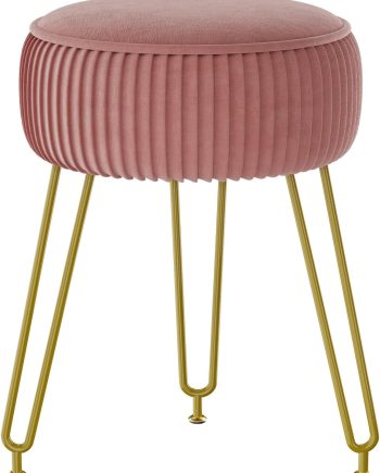 Velvet Round Footrest Ottoman, Makeup Vanity Stool Side Table, Velvet Dressing Table Seat, Pouf Couch Stool, Golden Steel Legs, Pink LG-30P