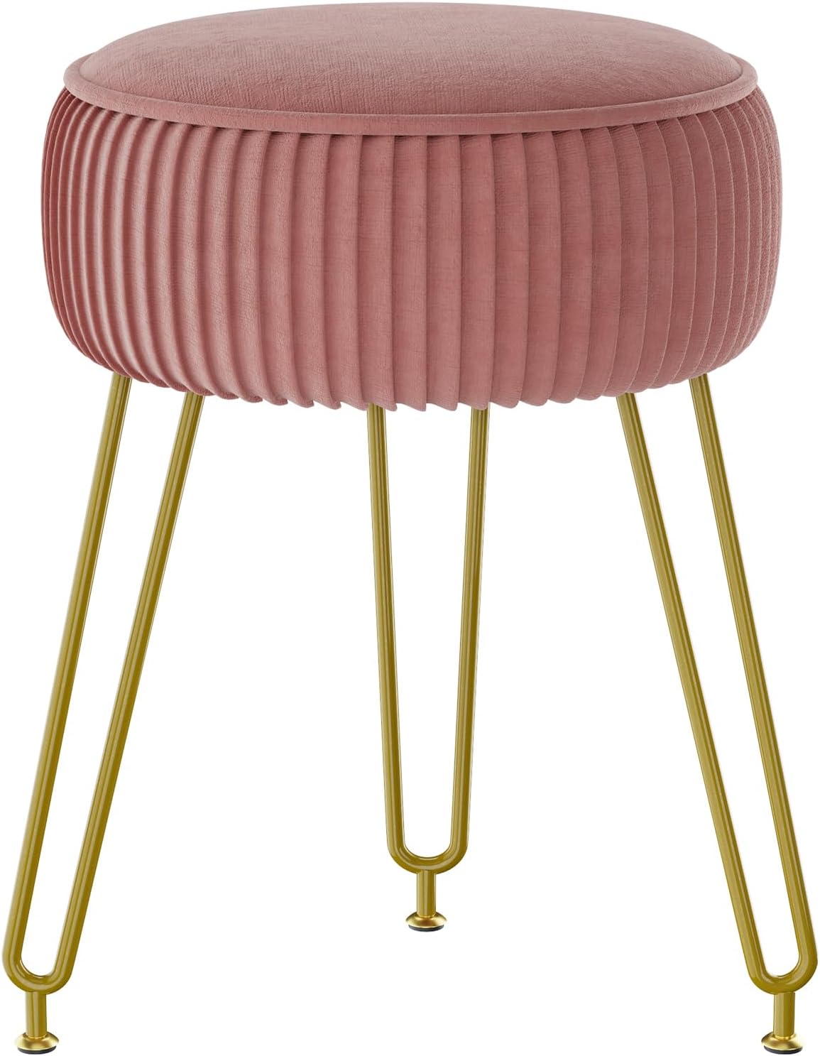 Velvet Round Footrest Ottoman, Makeup Vanity Stool Side Table, Velvet Dressing Table Seat, Pouf Couch Stool, Golden Steel Legs, Pink LG-30P