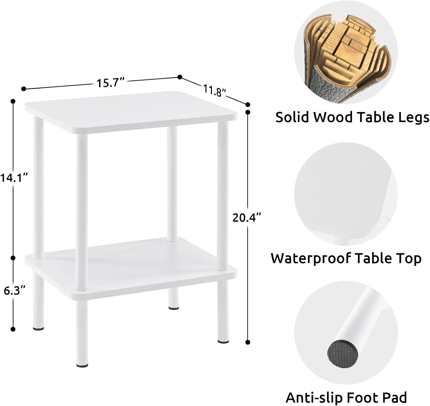 2 Tier End Table, Boho Side Table with Storage Shelf, Nightstand Bedside Table for Small Spaces, Bedroom, Living Room, Entryway, Farmhouse, Easy Assembly,White