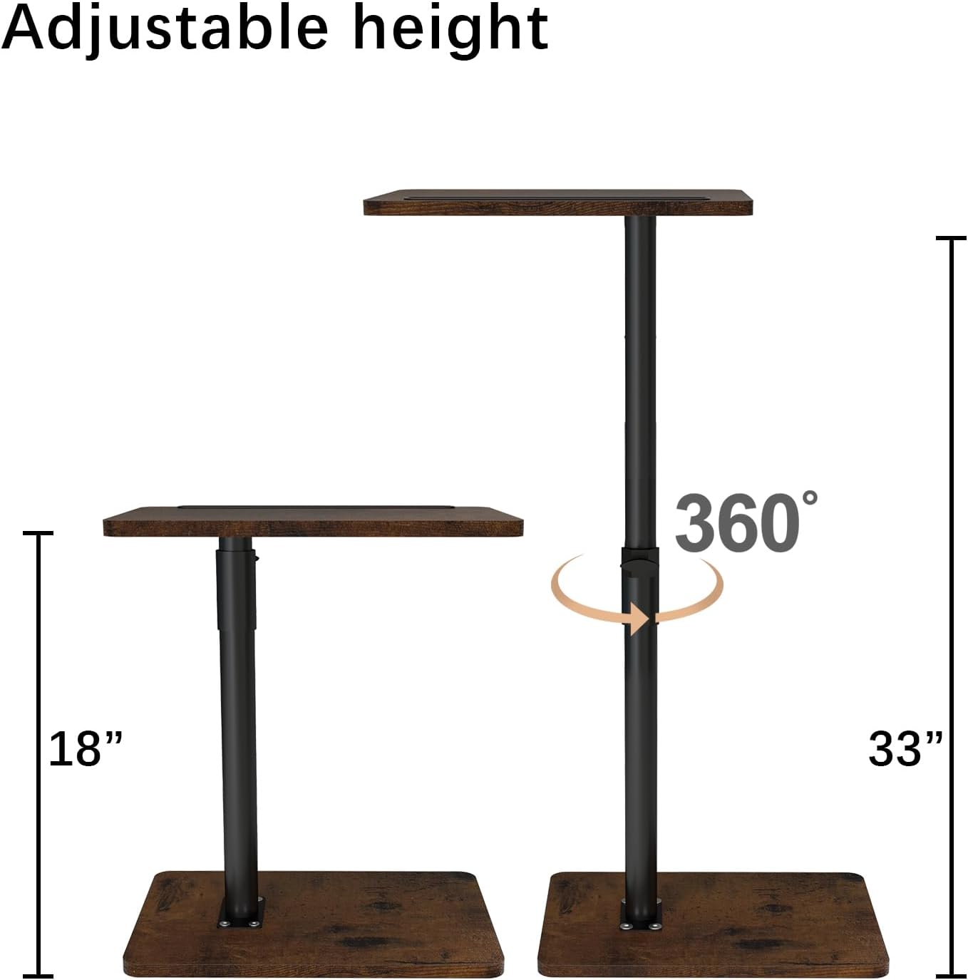 Sofa Armrest Tray Table for Couch - 360° Swivel Height Adjustable End for Small Spaces, Snack Side Table for Bed or Chair with Phone & Tablet Slot (Rustic,Standard)