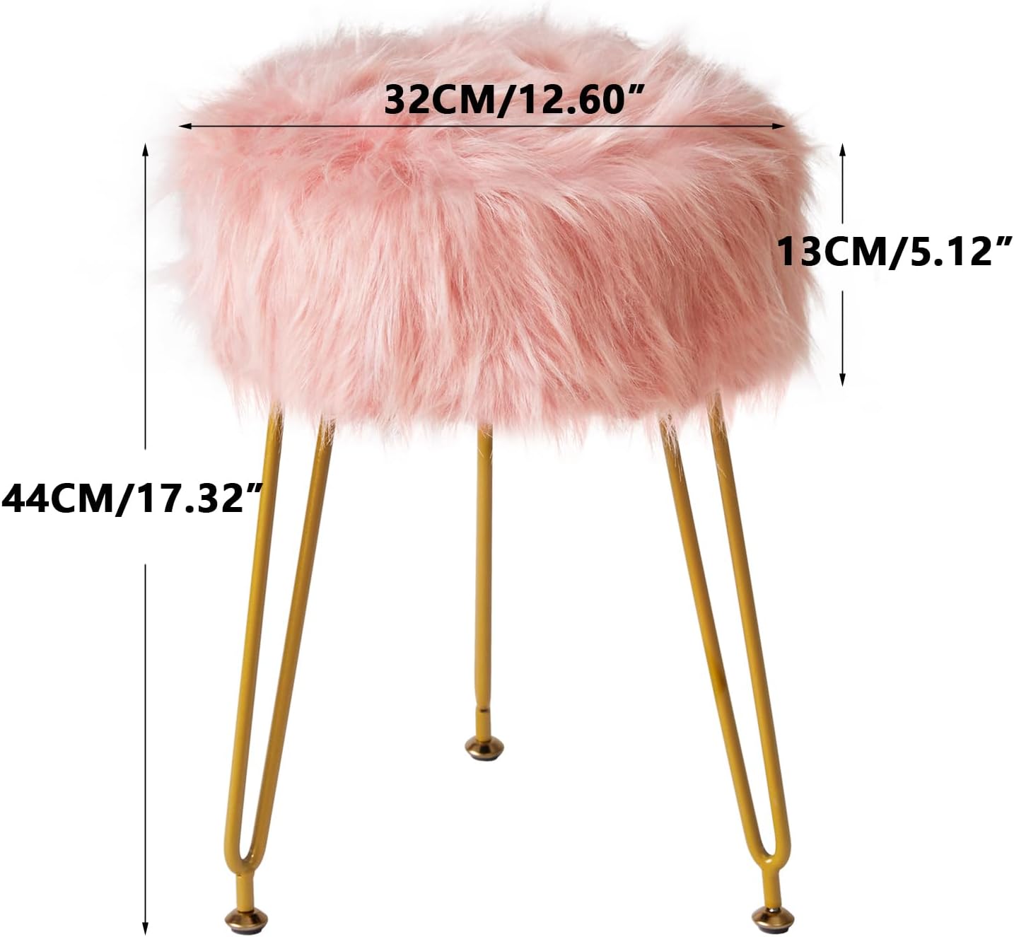 Faux Fur Vanity Stool Chair, Furry Makeup Stool Ottoman, Soft Padded Seat, Round Footrest Footstools with 4 Metal Legs, for Living Room Bedroom Entryway, Pink