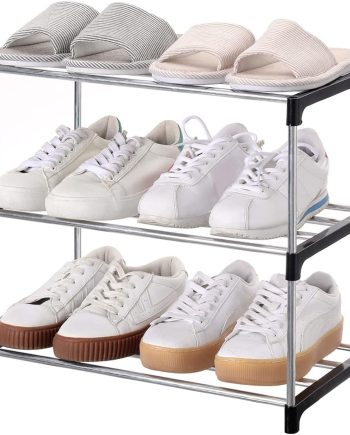 Stackable Small Shoe Rack, Entryway, Hallway and Closet Space Saving Storage and Organization (3-Tier, Black)