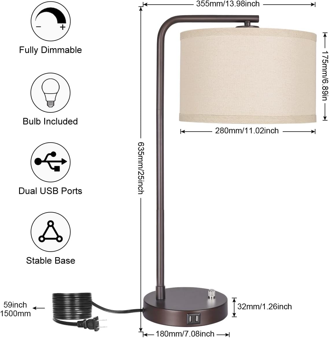 Side Table Lamp with Dual USB Ports, Dimmable Bedside Lamp Modern Nightstand Lamp Desk Reading Lamp with Linen Lampshade for Bedroom, Living Room, Study Room, Office, 9W 3000K LED Bulb Included