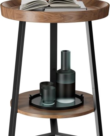 Round End Table with Storage Shelf, 2 Tier Farmhouse Side Table Nightstand for Living Room, Bedroom, Wood Tabletop & Black Metal Frame, Brown 15.7 * 15.7 * 23.0inches