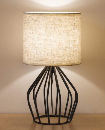 Black Modern Table Lamp - Minimalist Small Bedside Lamp with Hollowed Out Base Linen Fabric Shade, Vintage Nightstand Lamp for Bedroom Living Room Side Table Desk Kids Room