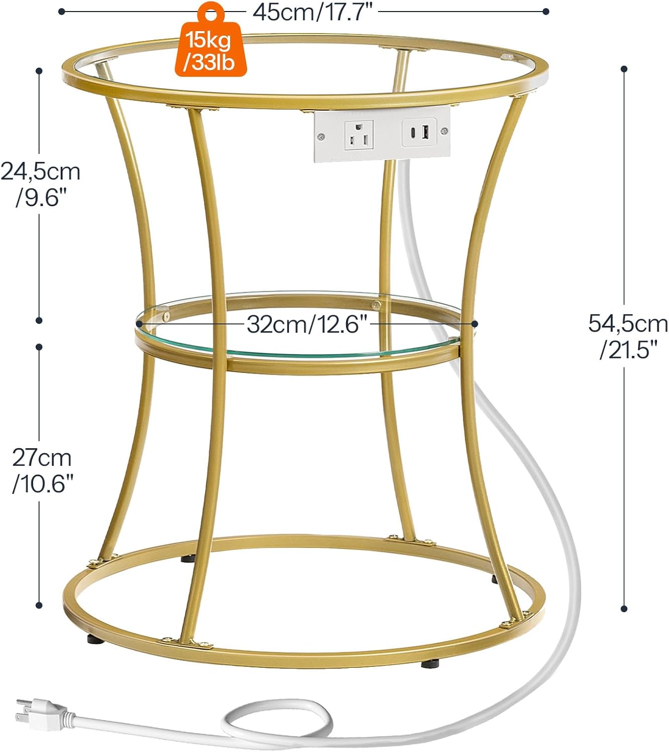 Round Coffee End Table with Charging Station, 2-Tier Small Accent Side Table with Glass Top, Round Nightstand for Small Space in Living Room, Bedroom, Gold