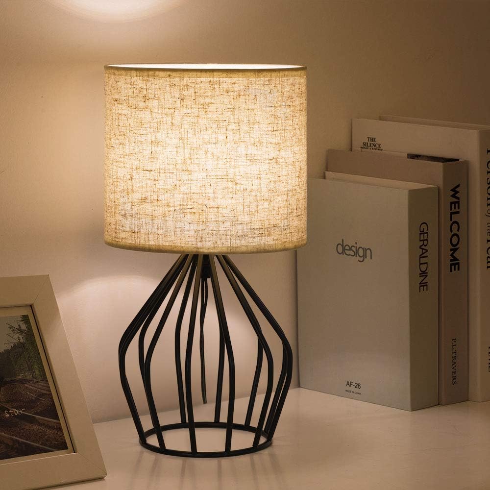 Black Modern Table Lamp - Minimalist Small Bedside Lamp with Hollowed Out Base Linen Fabric Shade, Vintage Nightstand Lamp for Bedroom Living Room Side Table Desk Kids Room