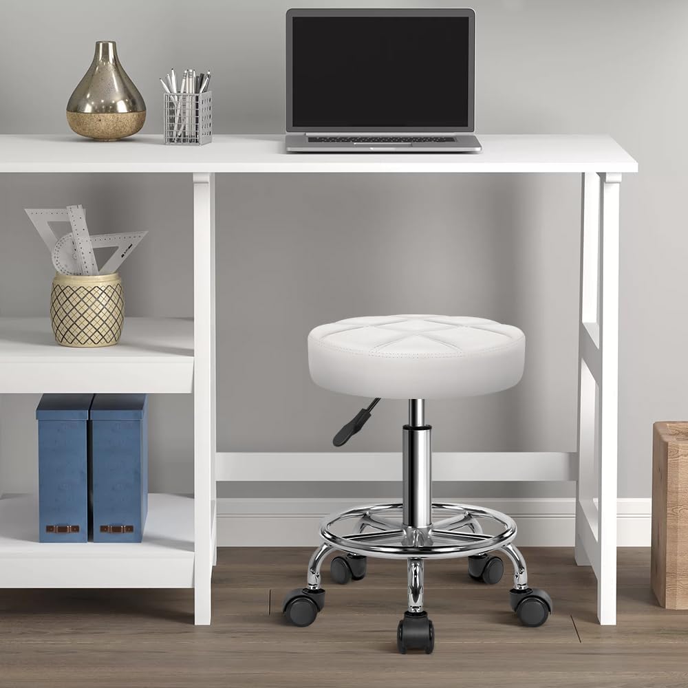 Round Rolling Stool Chair PU Leather Height Adjustable Swivel Drafting Work SPA Shop Salon Stools with Wheels Office Chair Small (White)