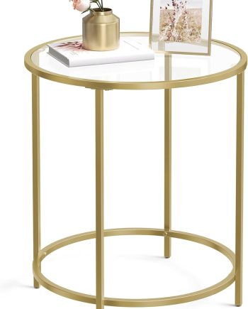 Round Side Table, Glass End Table with Metal Frame, Gold Coffee Table with Modern Style, for Living Room, Balcony, Bedroom, Gold Color