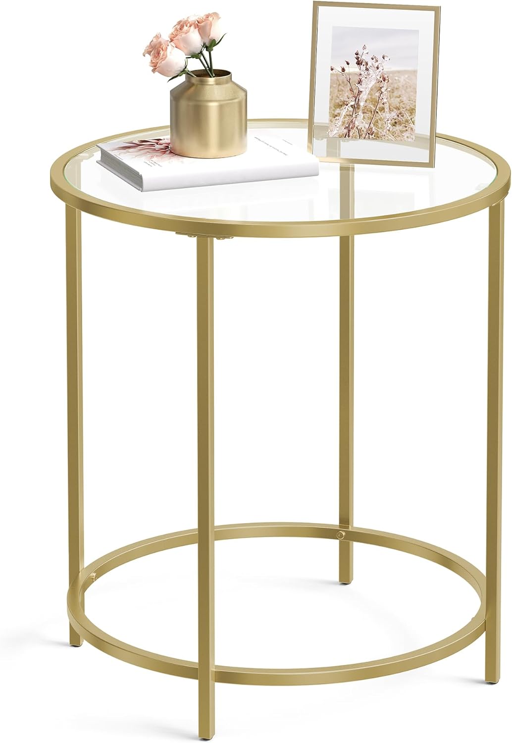 Round Side Table, Glass End Table with Metal Frame, Gold Coffee Table with Modern Style, for Living Room, Balcony, Bedroom, Gold Color