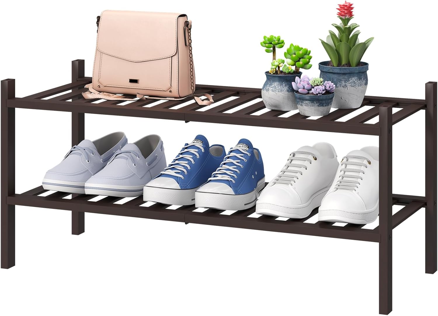2-Tier Shoe Rack for Entryway, Bamboo Shoe Rack for Closet, Free Standing Shoe Racks for Indoor Outdoor, Stackable Shoe Shelf Storage Organizer for Hallway Closet