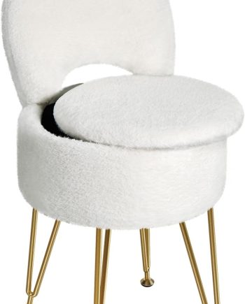 Small Vanity Stool Chair with Storage and Folding Back, 13" x 13" x 17.7" Faux Fur Soft Ottoman for Teenager, 4 Metal Legs with Anti-Slip Feet, Furry Padded Seat for Makeup, Bedroom, White