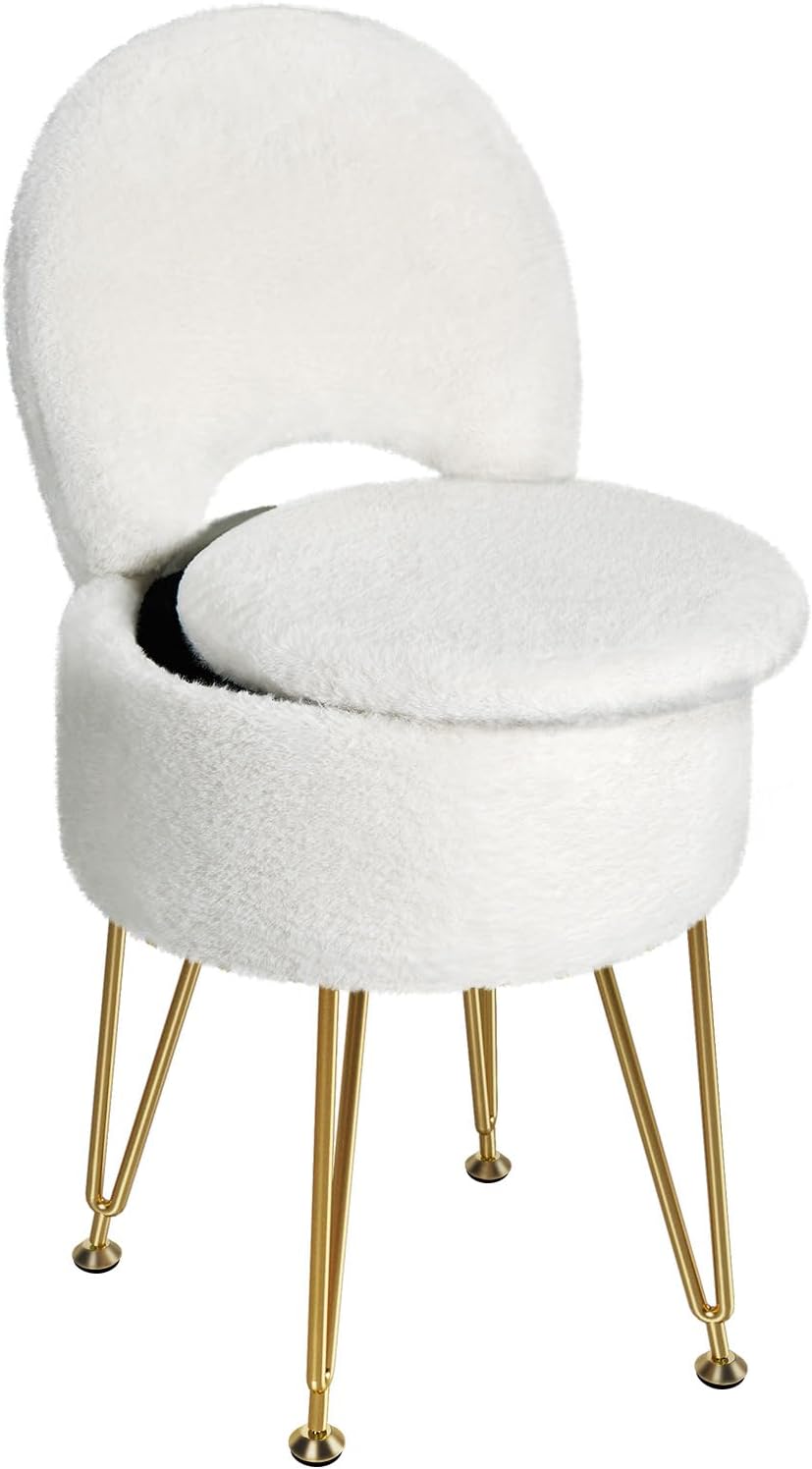 Small Vanity Stool Chair with Storage and Folding Back, 13" x 13" x 17.7" Faux Fur Soft Ottoman for Teenager, 4 Metal Legs with Anti-Slip Feet, Furry Padded Seat for Makeup, Bedroom, White