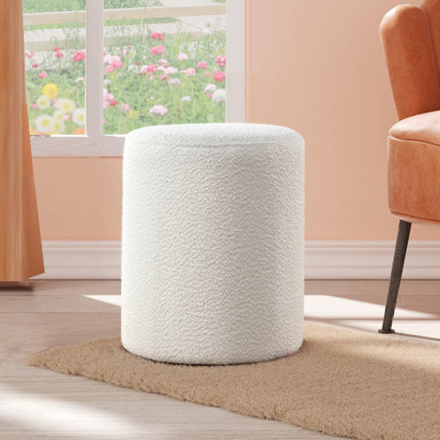 Modern Round Ottoman with Soft Padded Seat, Multifunctional Vanity Chairs for Makeup, Upholstered Footrest Stool Ottoman Foot Stool for Living Room, Bedroom, boucle, White