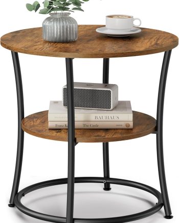 Side Table, Round End Table with 2 Storage Shelves for Living Room, Bedroom, Nightstand with Steel Frame for Small Spaces, Accent Coffee Table, Rustic Brown and Ink Black