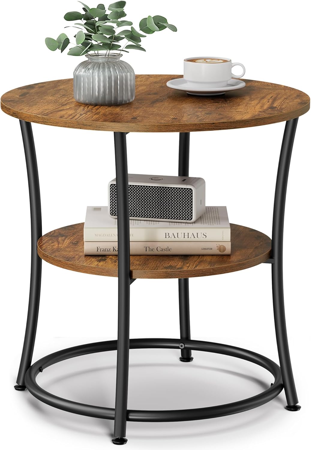 Side Table, Round End Table with 2 Storage Shelves for Living Room, Bedroom, Nightstand with Steel Frame for Small Spaces, Accent Coffee Table, Rustic Brown and Ink Black