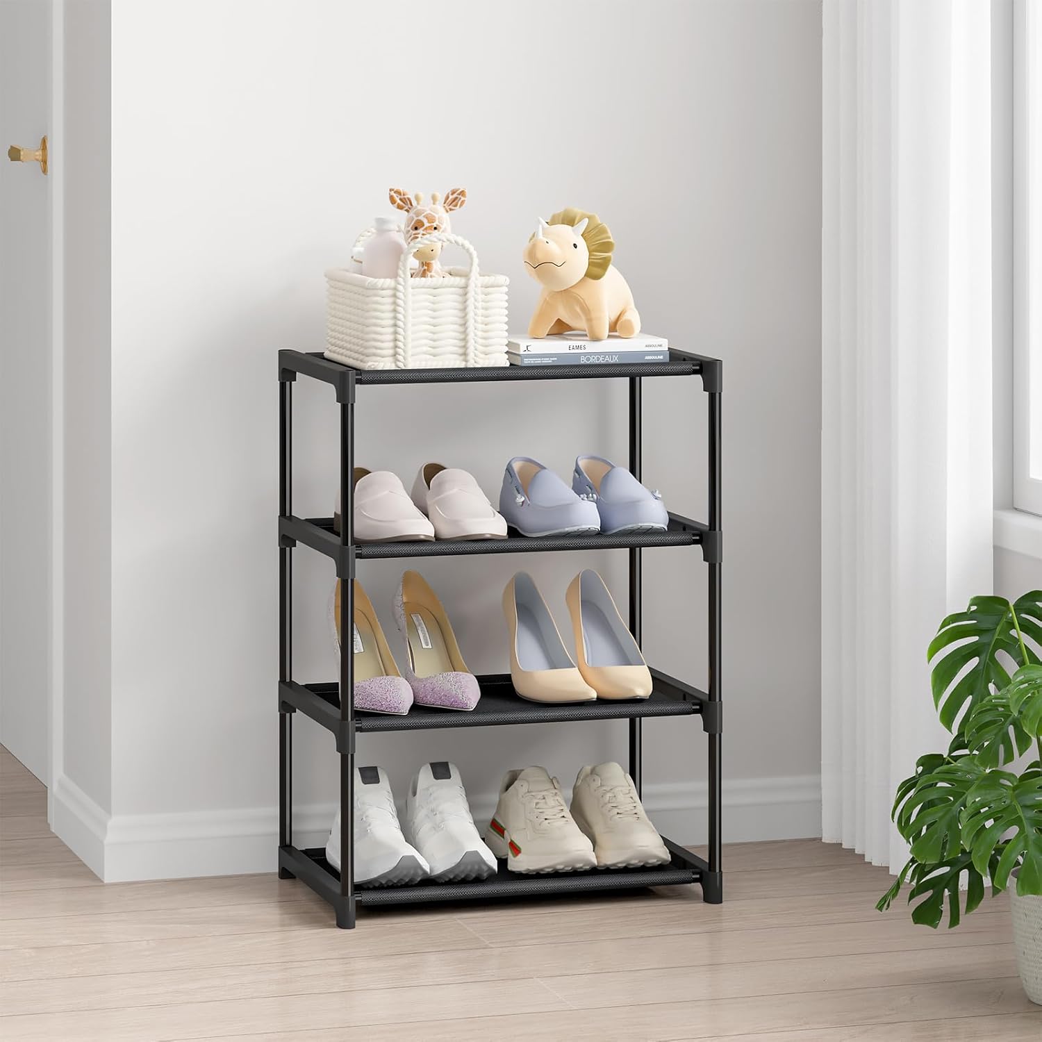 4 Tier Small Shoe Rack, Narrow Stackable Kids Toddler Adult Shoe Storage Organizer Shelf for Closet Floor Entryway Bedroom, Space Saver Shoe Rack Organization Shelves