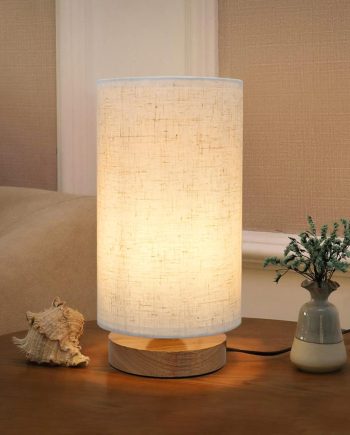 Small Bedside Night Table Lamp for Bedroom, Minimalist Nightstand Lamp with Round Fabric Linen Shade, Study Reading Desk Lamp for Kids Room, Living Room, College Dorm, Home, Office