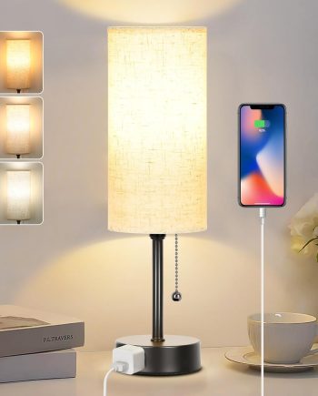15" Table Lamp for Bedroom, 3-Color Bedside Lamps with Pull Chain, Bedroom Table Lamps for Nightstand,AC Outlet Small Lamp for Living Room, Bulb Included