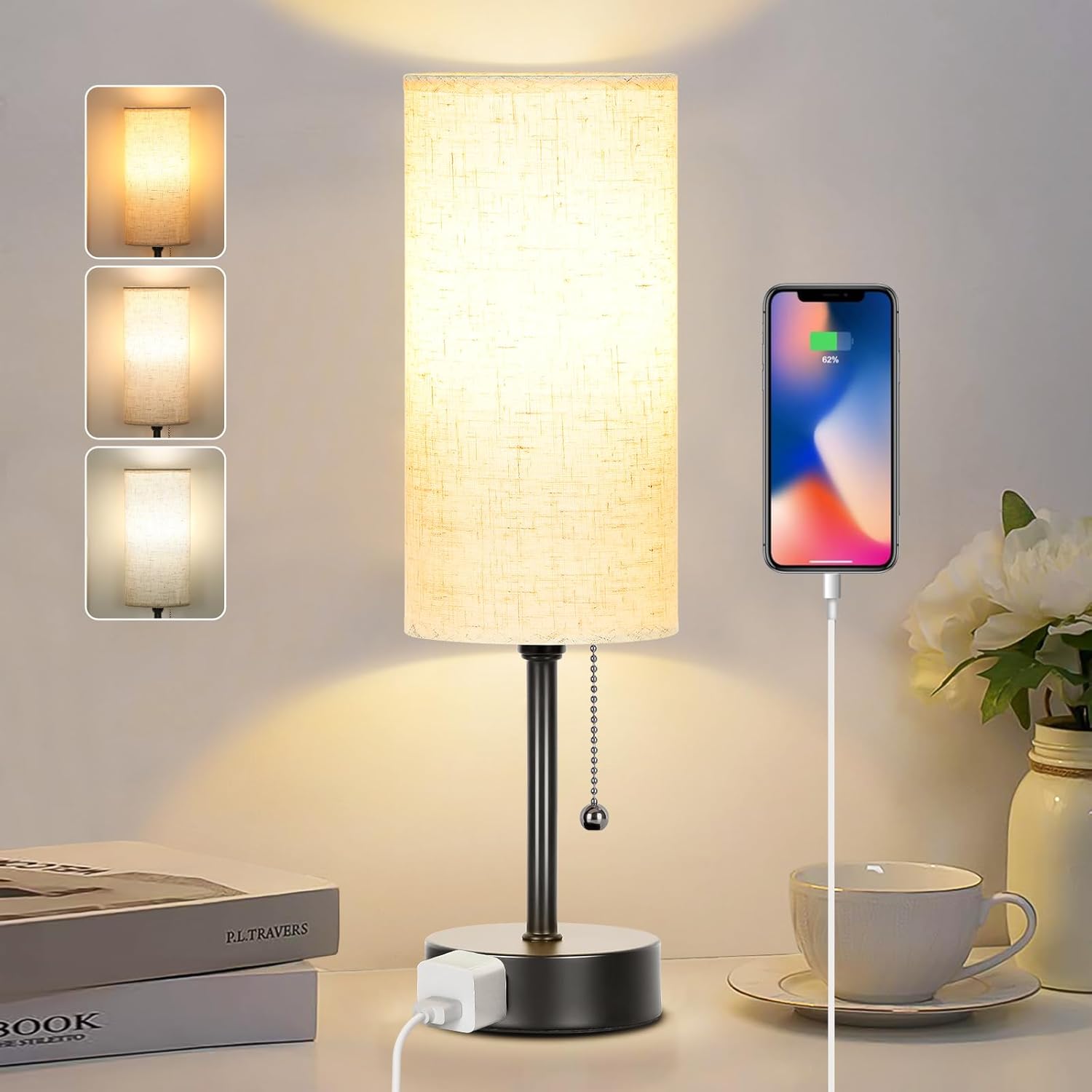 15" Table Lamp for Bedroom, 3-Color Bedside Lamps with Pull Chain, Bedroom Table Lamps for Nightstand,AC Outlet Small Lamp for Living Room, Bulb Included