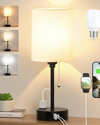 Small Bedside Table lamp for Bedroom - 3 Color Temperatures Bedside Lamps with USB C and A Ports, Pull Chain Table Lamps with AC Outlet, White Nightstand Lamps with Black Metal Base for Kids Reading