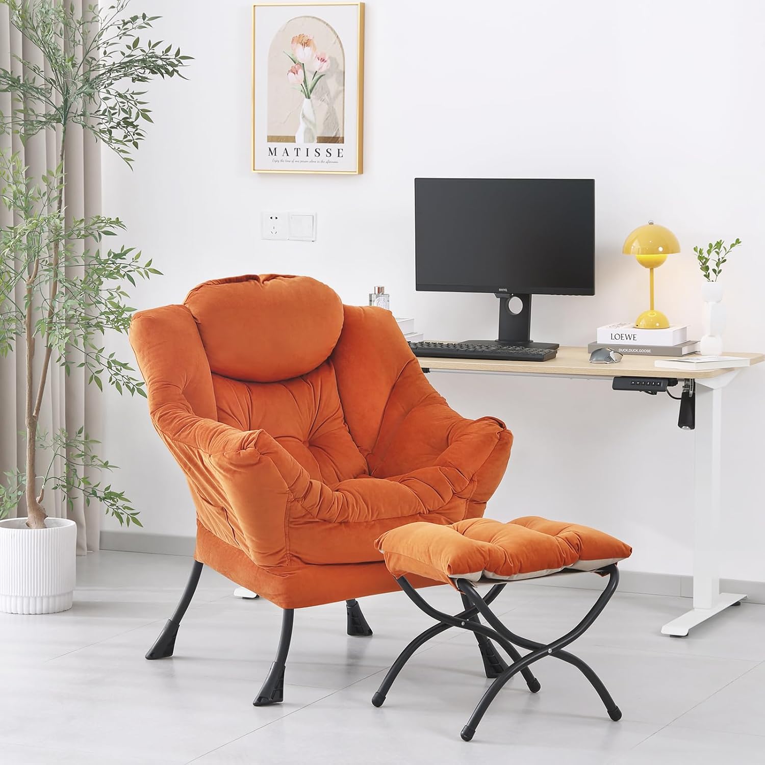 Lazy with Ottoman, Contemporary Lounge Leisure Sofa with Armrests, Reading and Folding Footstool Set for Living Room, Bedroom, Orange