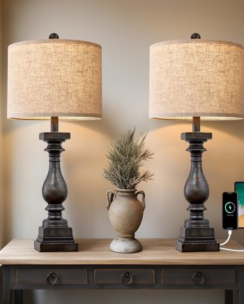 27" Farmhouse Table Lamp Set of 2 with USB A+C for Bedroom Living Room Vintage Rustic Traditional Nightstand Bedside Lamps Retro Side Table Lamps (Black)