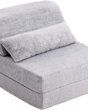 Folding Sofa Bed with Pillow Single Size Mattress&Plush Fabric with Portable Storage Bag,Floor Lounger  Bed for Living Room,Guest Room,Dorm,Apartment,Upstairs Loft,Home Office,White Gray