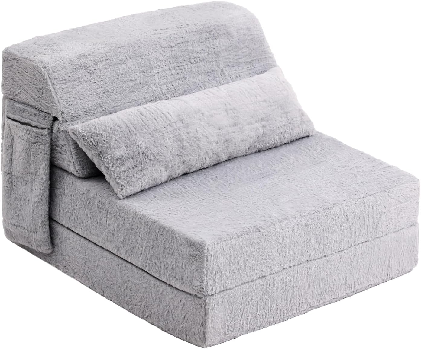 Folding Sofa Bed with Pillow Single Size Mattress&Plush Fabric with Portable Storage Bag,Floor Lounger Bed for Living Room,Guest Room,Dorm,Apartment,Upstairs Loft,Home Office,White Gray