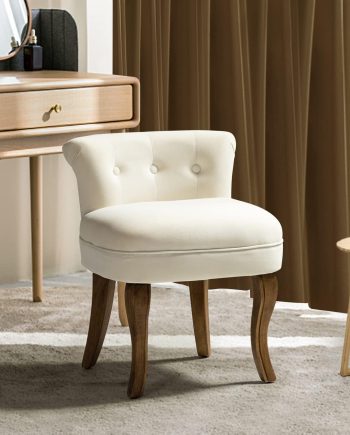 Velvet Vanity Stool with Low Back, Modern Vanity Chair with Solid Wood Legs, Small Upholstered Makeup Chair Home Decor for Bedroom Living Room Dressing Table, Women Girls, Ivory
