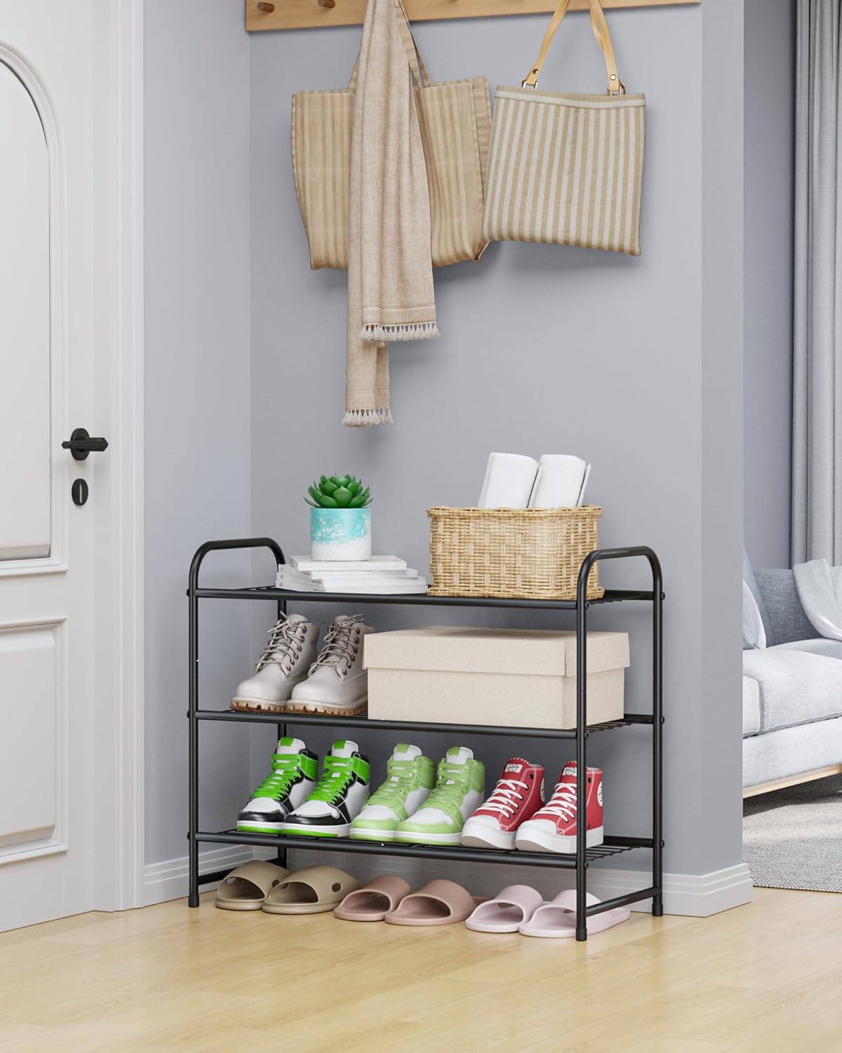 Shoe Rack - Stainless Steel Shoe Organizer, Sturdy Shoe Rack for Closet and Front Door Entrance, Free Standing Shoe Shelf, Closet Organizers and Storage, Black