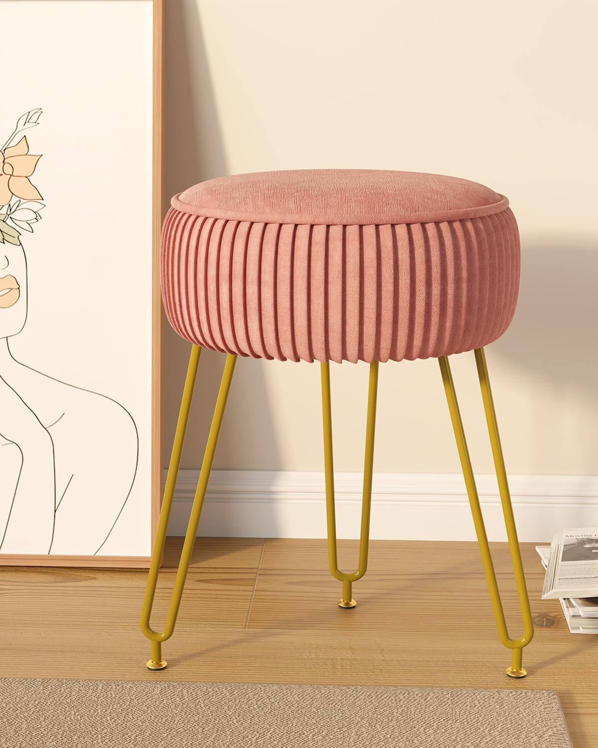 Velvet Round Footrest Ottoman, Makeup Vanity Stool Side Table, Velvet Dressing Table Seat, Pouf Couch Stool, Golden Steel Legs, Pink LG-30P