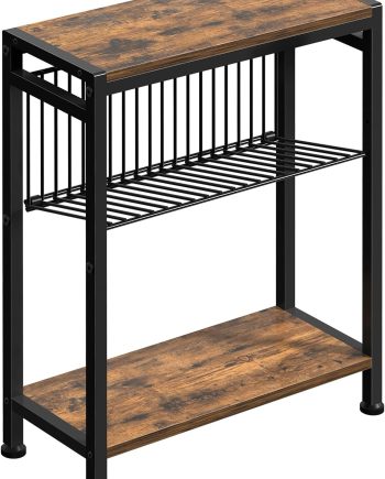Small Side Table for Small Space, 3-Tier Narrow End Table with Magazine Holder,Slim Nightstand, Skinny Snack Couch Table in Living Room, Bedroom Study and Balcony (Rustic Brown &Black)
