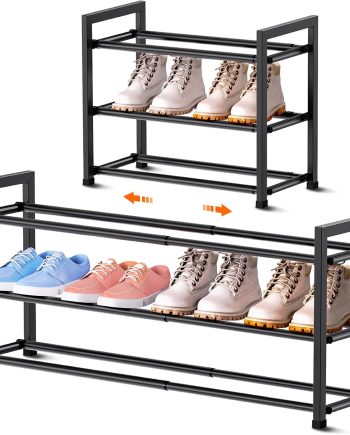 3-Tier Expandable Shoe Rack for Closet, 18“-33” Adjustable Shoe Rack for Small Space, Small Shoe Organizer for Front Door, Sturdy Metal, Black