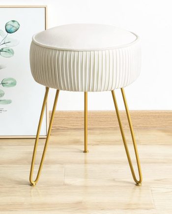 Pleated Vanity Stool, Velvet Upholstered Vanity Stool for Makeup Room, Round Stool for Vanity, Ottoman Footrest Stool with Metal Legs for Living Room, Bedroom, White