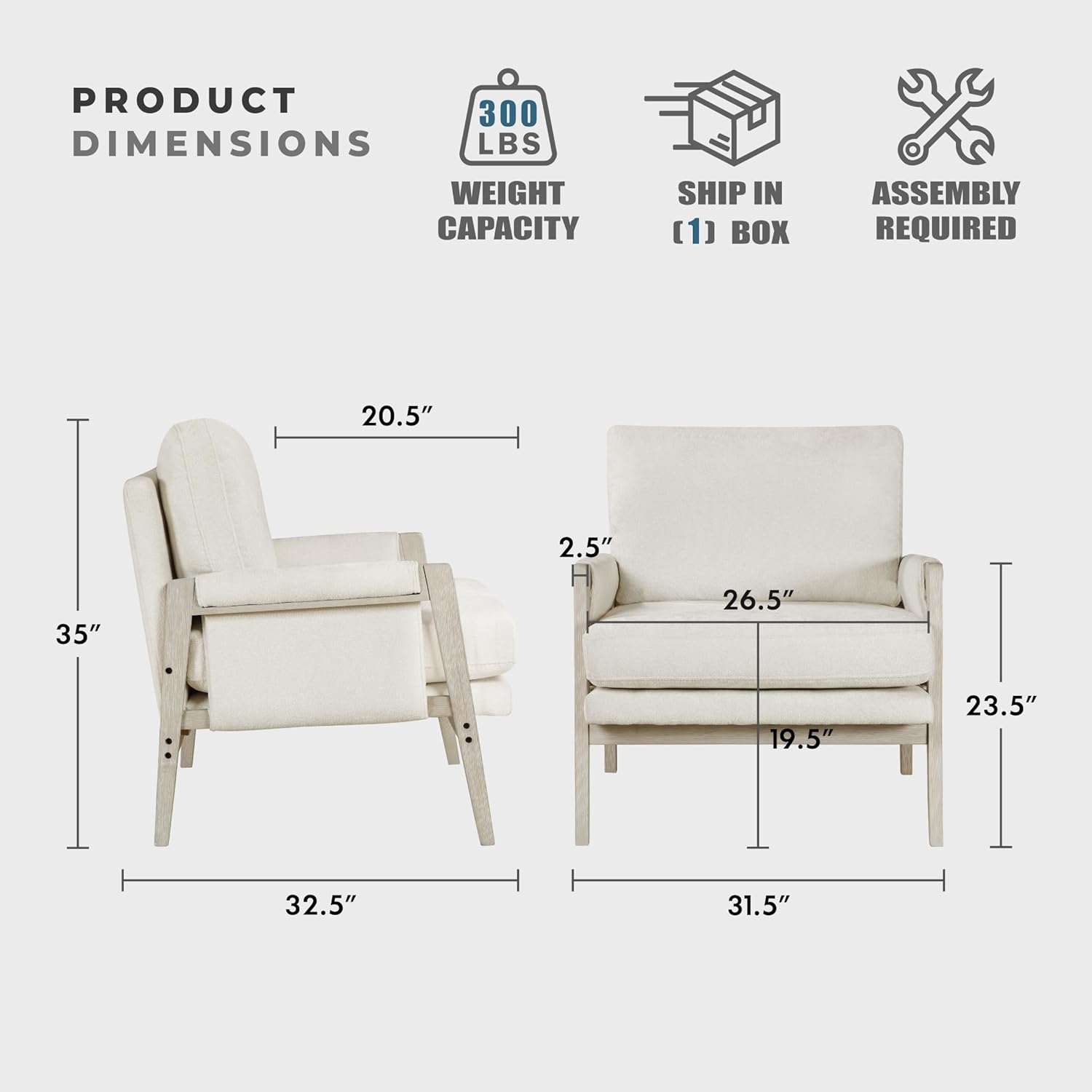 with Wire-Brushed Light Brownish-Grey Wood Frame, Chenille Upholstered Living Room Arm with Wrapped Arm Rest, Single Sofa with Thick Seat Cushion, Cream