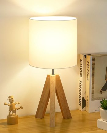 Small Beside Table Lamp, Wood Tripod Table Lamp with White Fabric Shade, Cute Boho Nightstand Lamp, Minimalist Desk Lamp for Bedroom Living Room Nursery Kids Room Office Dorm, Bulb Not Included