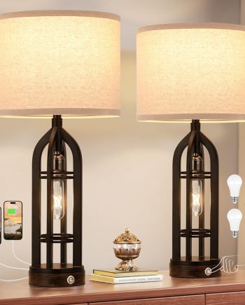 Table Lamp for Living Room - Lamps Set of 2 with USB C+A & Outlet, 3-Way Dimmable Farmhouse Lamps for Night Stands, Rustic Bedside Lamp for End Tables, Industrial Nightstand Lamps for Bedroom