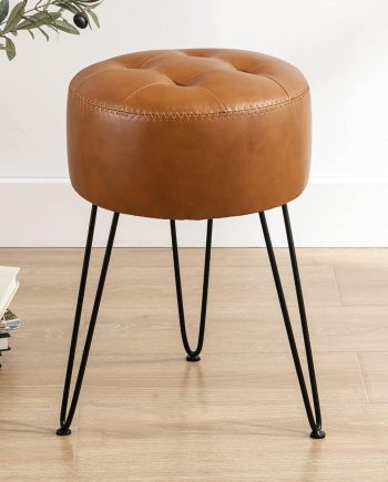 Faux Leather Vanity Stool Chair for Makeup Room,Brown Stool for Vanity,19” Height, Tufted Small Vanity Chair with Metal Legs, Modern Foot Ottoman for Bedroom, Living Room
